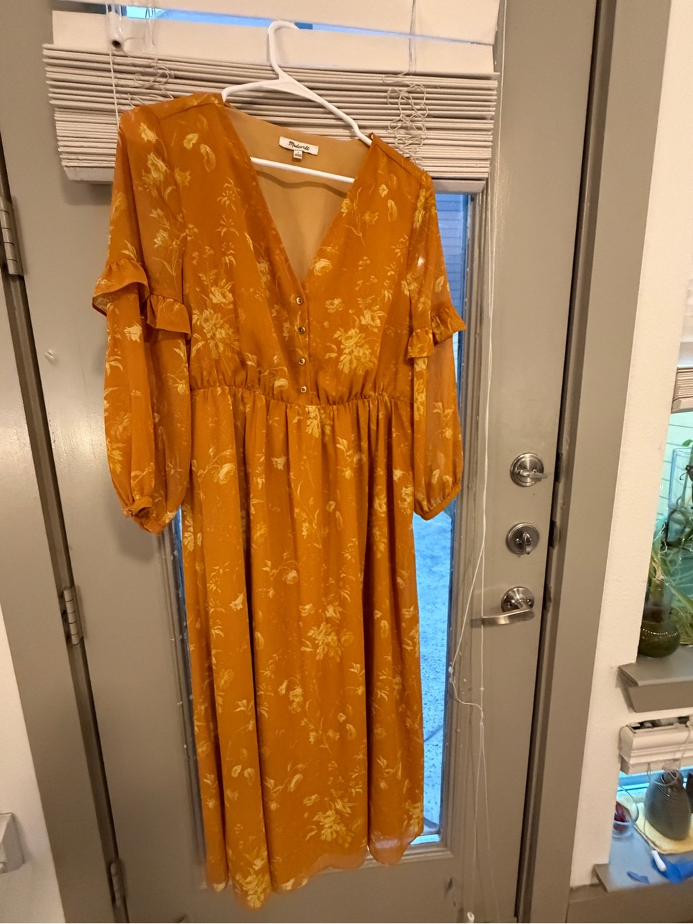 Madewell Mustard Floral Midi Dress with Ruffle Sleeves